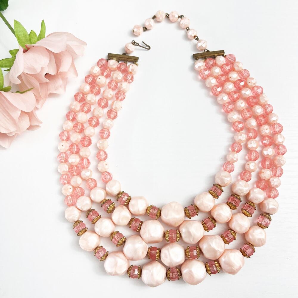 Vintage Mid-Century 4-Strand Pink Beaded Necklace